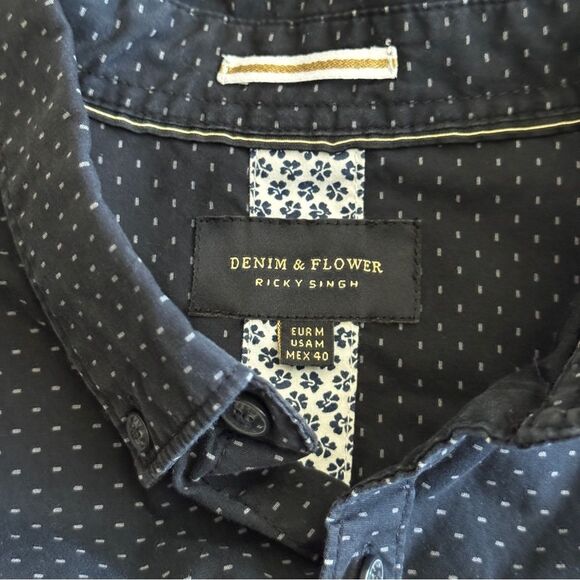 Denim & Flower Men's Black Short Sleeve Shirt w/ White Dots 100% Cotton - Picture 3 of 5